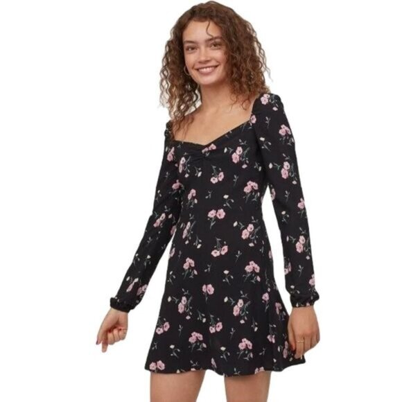 H&M Black Floral Long Sleeve Mini Dress With Square Neckline & Pink Rose Print - Picture 1 of 8